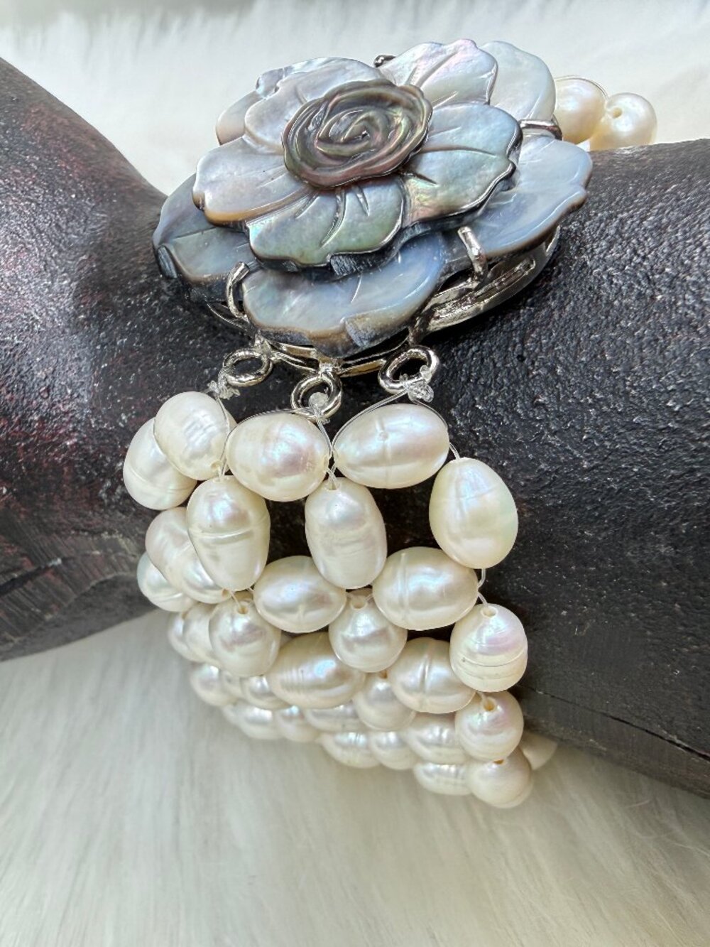 Woven White Baroque Pearl Bracelet w/ Carved Abalone Shell Flower 8.5" long
